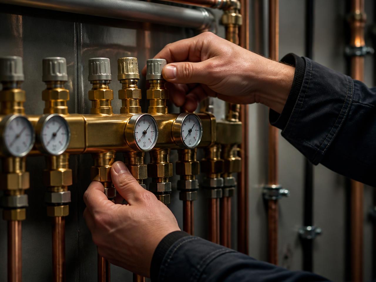 Heating engineer adjusting a brass manifold with pressure gauges