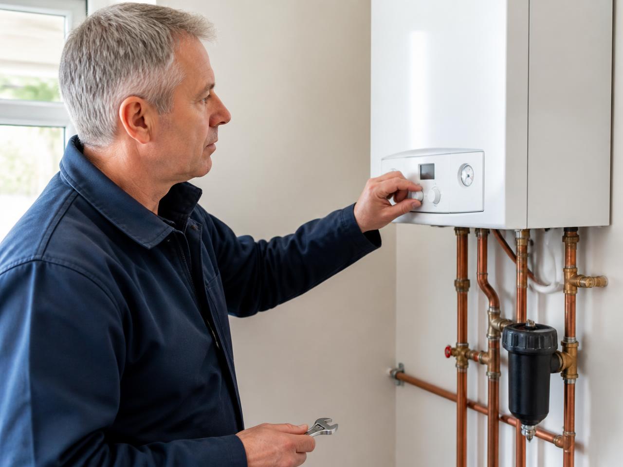 Heating engineer servicing a wall-hung gas boiler with copper pipework