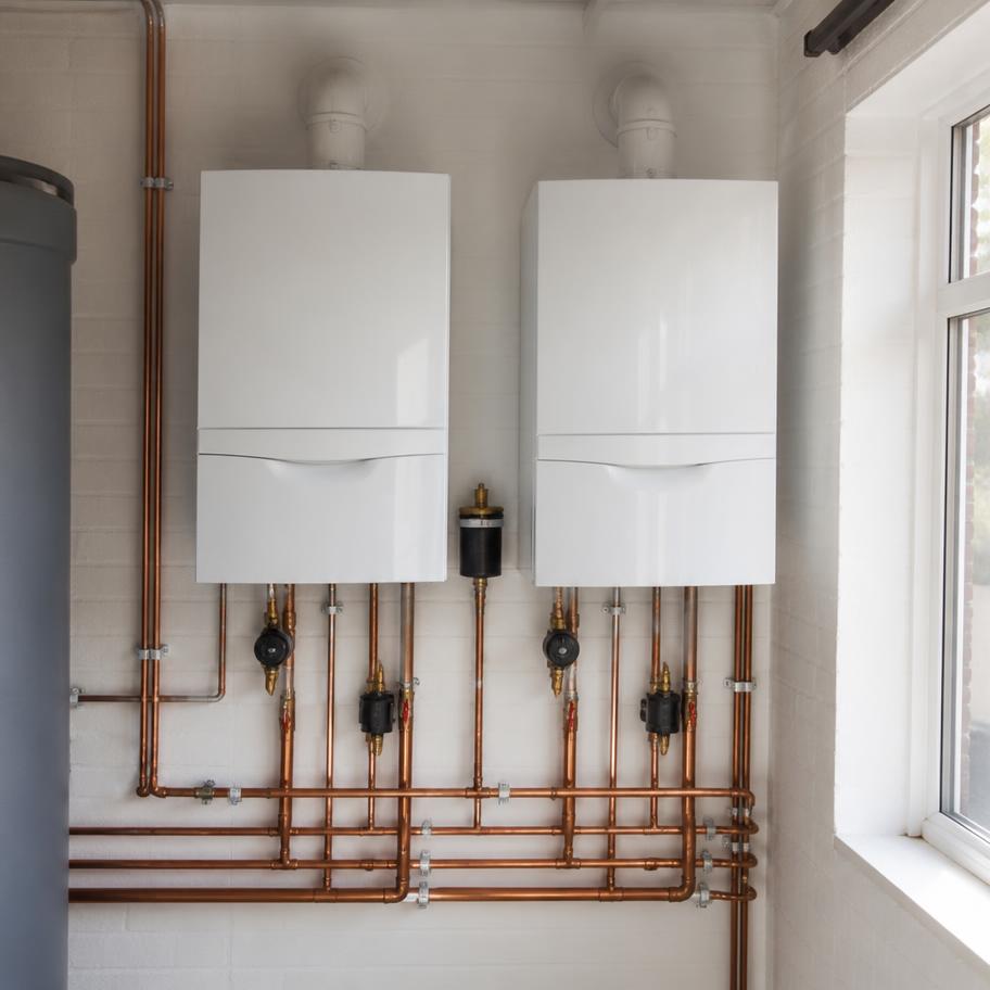 Pair of boilers installed with tidy copper pipework