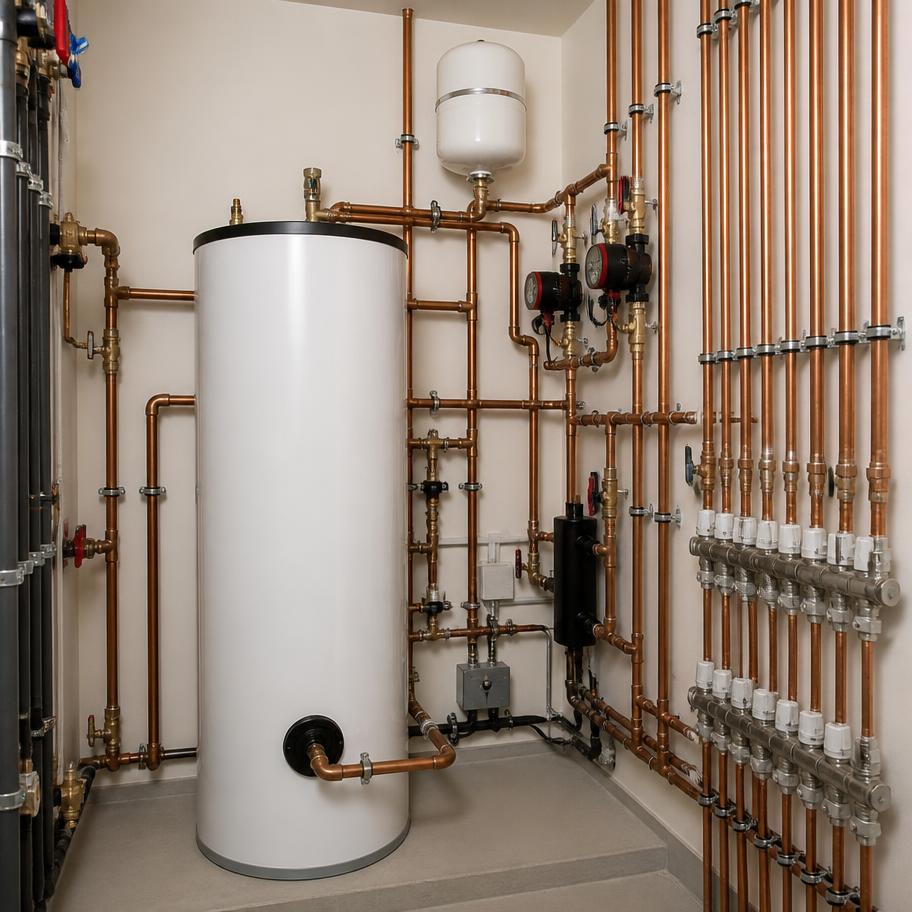 Plant room with hot water cylinder, pumps and manifolds