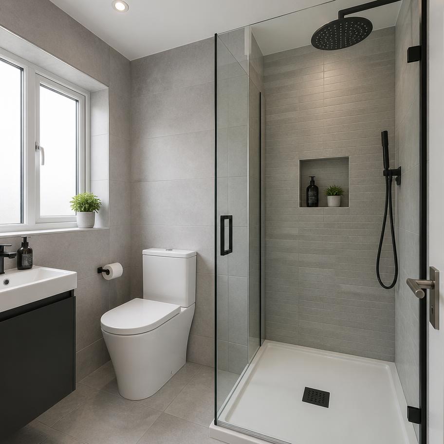 Finished bathroom with glass shower enclosure