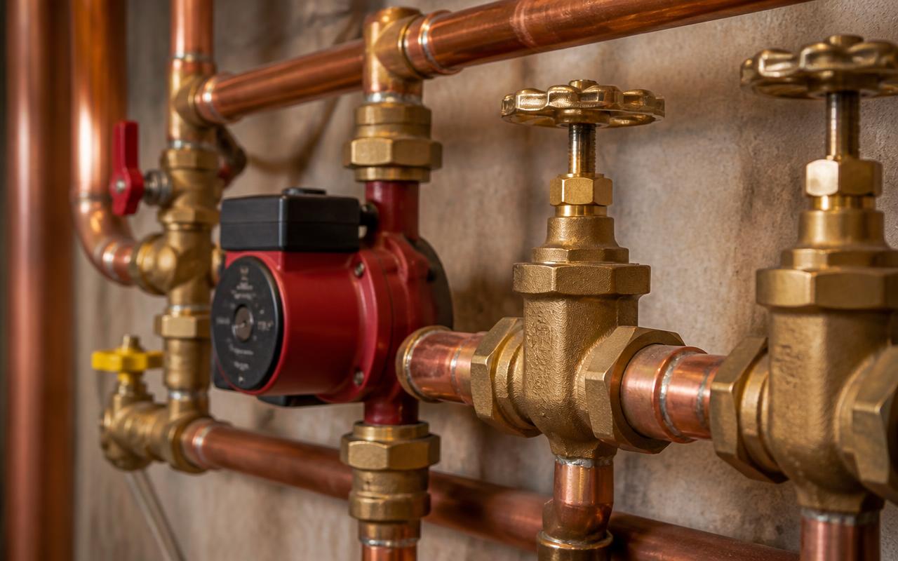 Copper heating pipework with brass valves and a circulation pump
